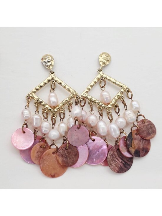 Unbranded Jewelry - Pink & Gold Chandelier Earrings With Freshwater Pearls & Shell Discs 3"
